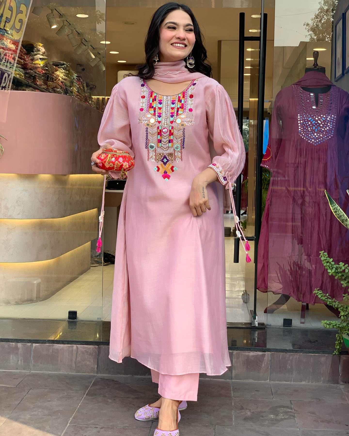 Peach Chanderi Silk With Mirror Work Embroidery Salwar Suit