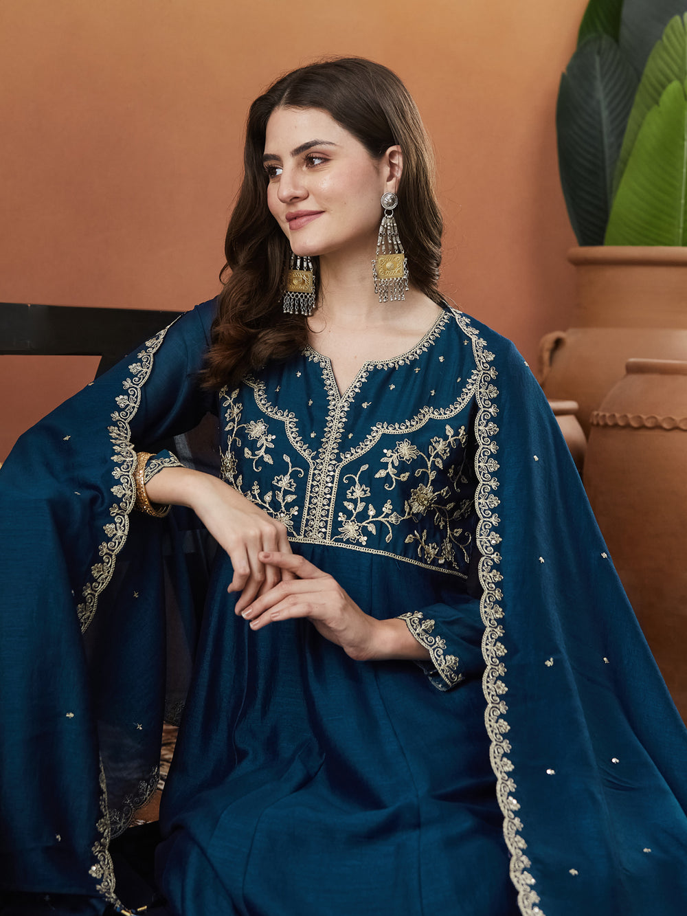 Teal Blue Embroidered Silk Anarkali kurta with Dupatta Set