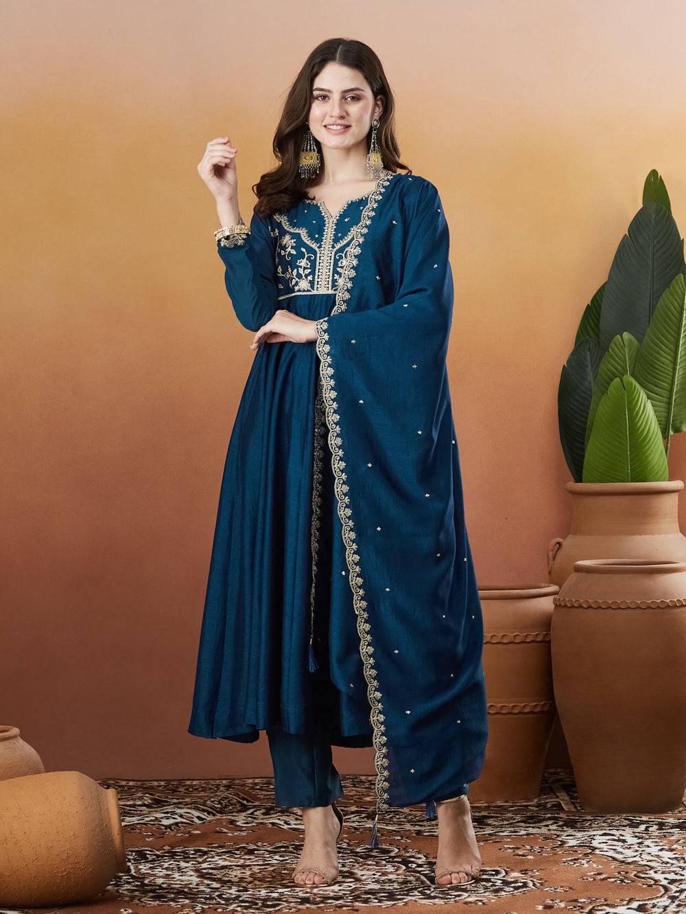 Teal Blue Embroidered Silk Anarkali kurta with Dupatta Set
