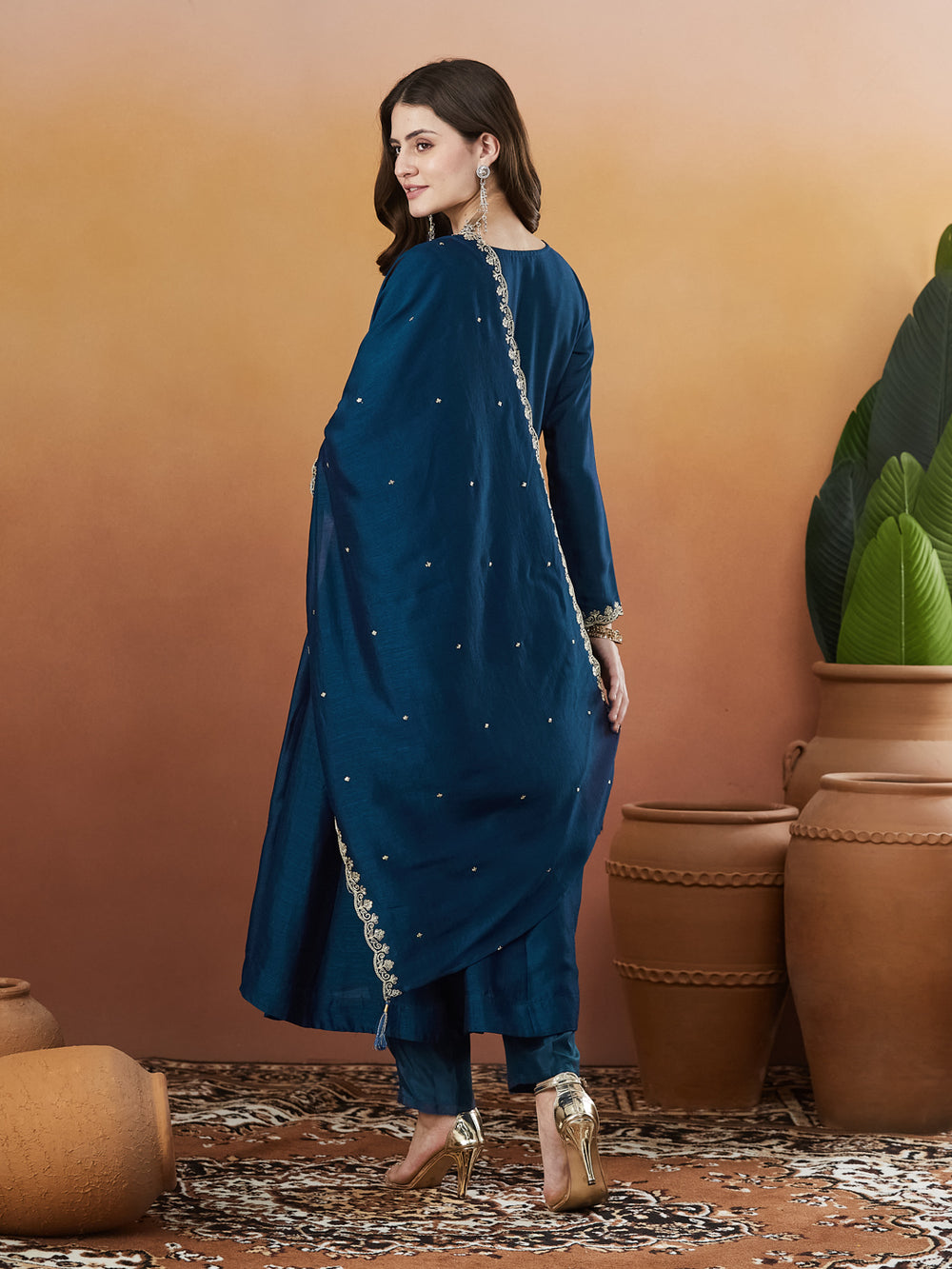 Teal Blue Embroidered Silk Anarkali kurta with Dupatta Set