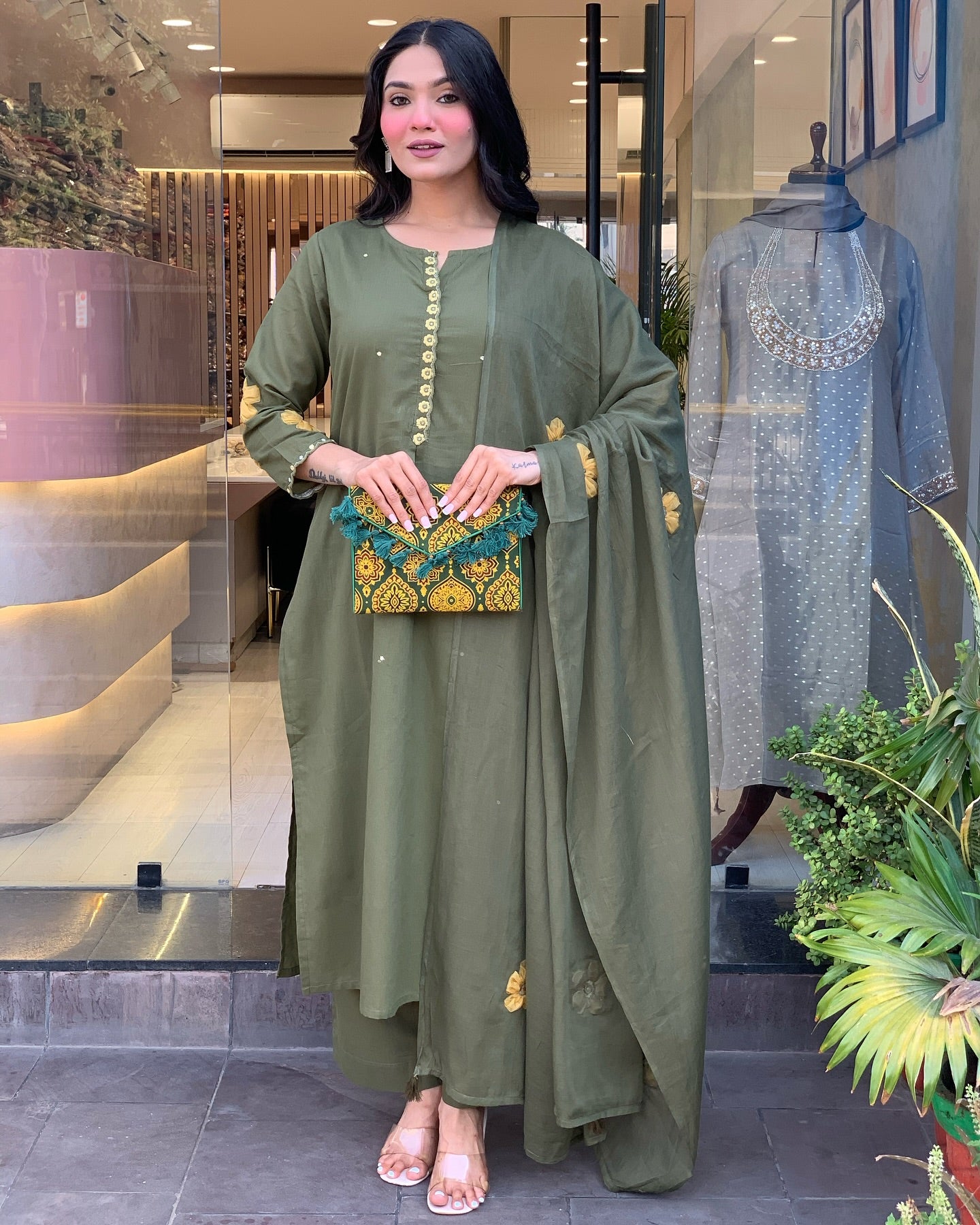 Olive Green Embroidered Chanderi Silk Pakistani Suit