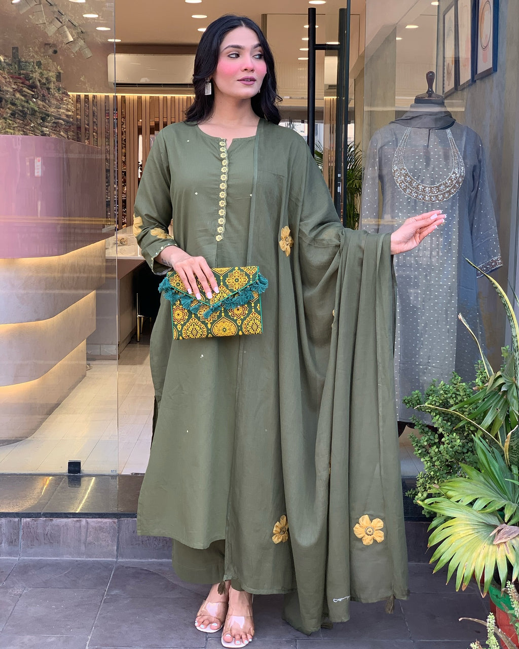Olive Green Embroidered Chanderi Silk Pakistani Suit