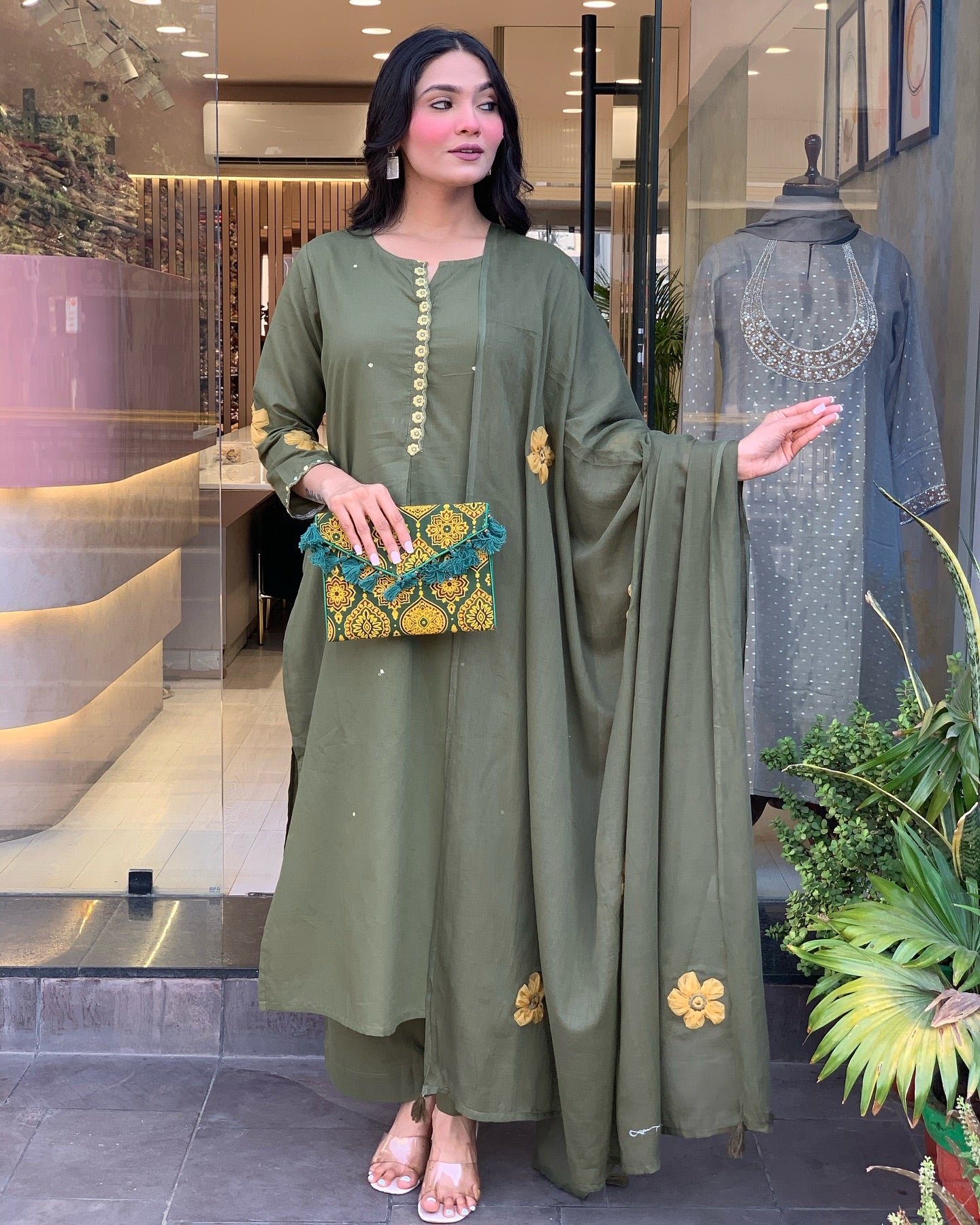 Olive Green Embroidered Chanderi Silk Pakistani Suit
