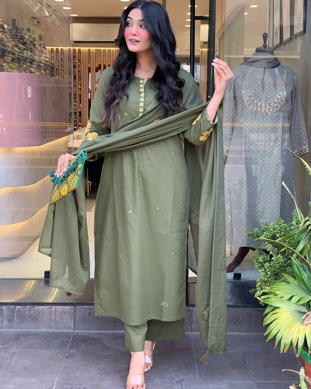 Olive Green Embroidered Chanderi Silk Pakistani Suit