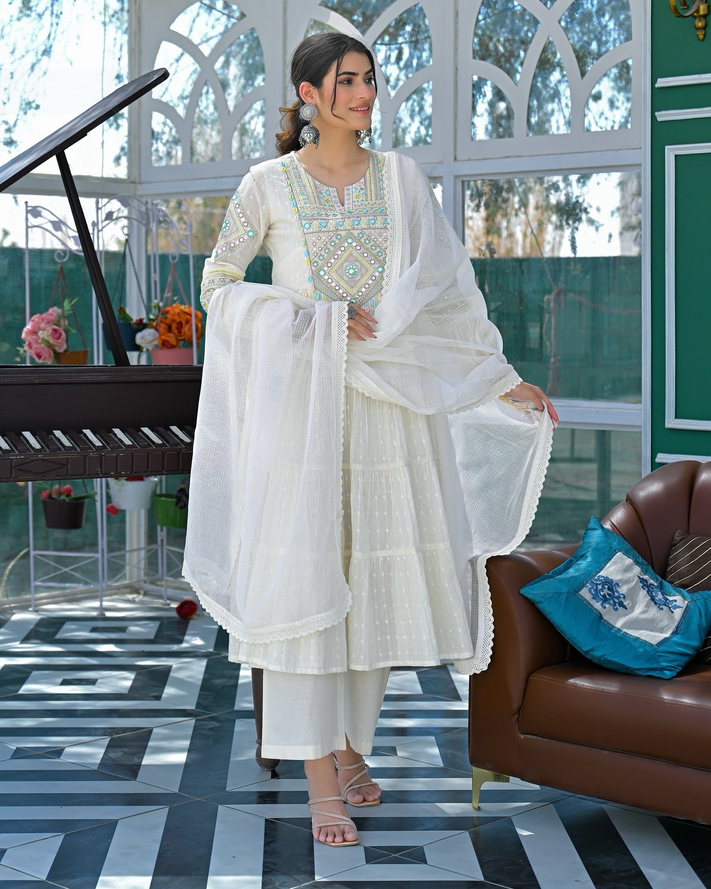 White Mul Cotton Handwork Anarkali Suit