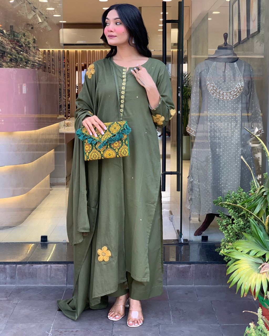 Olive Green Embroidered Chanderi Silk Pakistani Suit