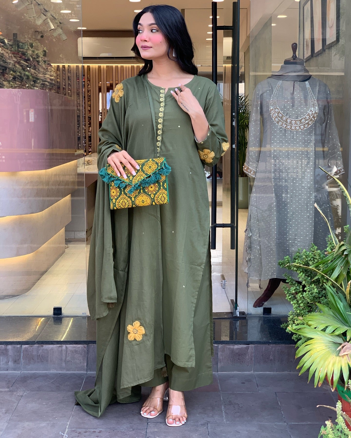 Olive Green Embroidered Chanderi Silk Pakistani Suit