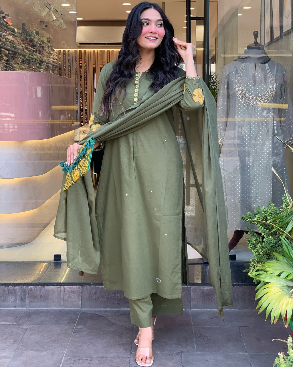Olive Green Embroidered Chanderi Silk Pakistani Suit