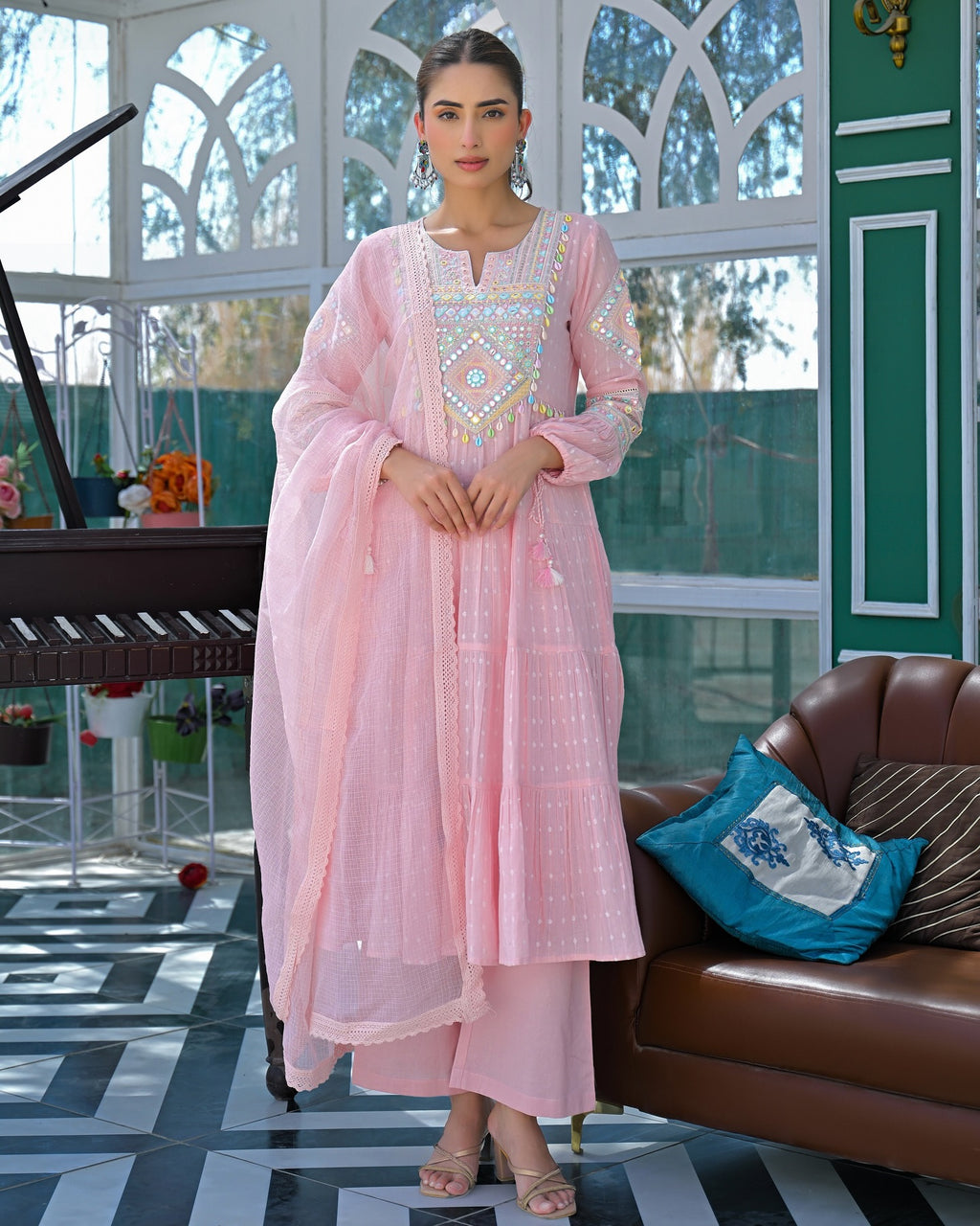 Pink Mul Cotton Handwork Anarkali Suit