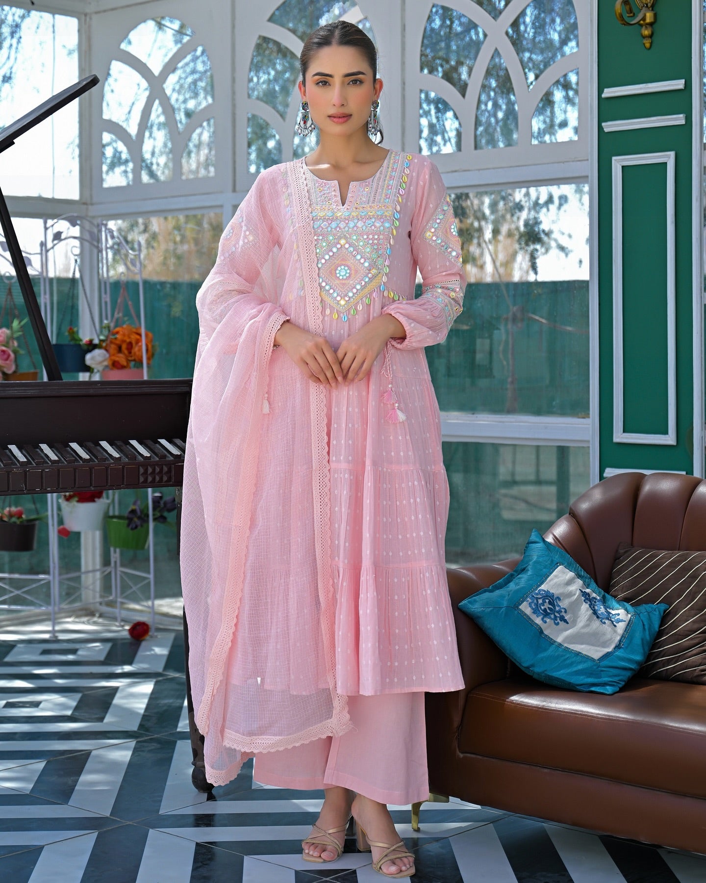 Pink Mul Cotton Handwork Anarkali Suit