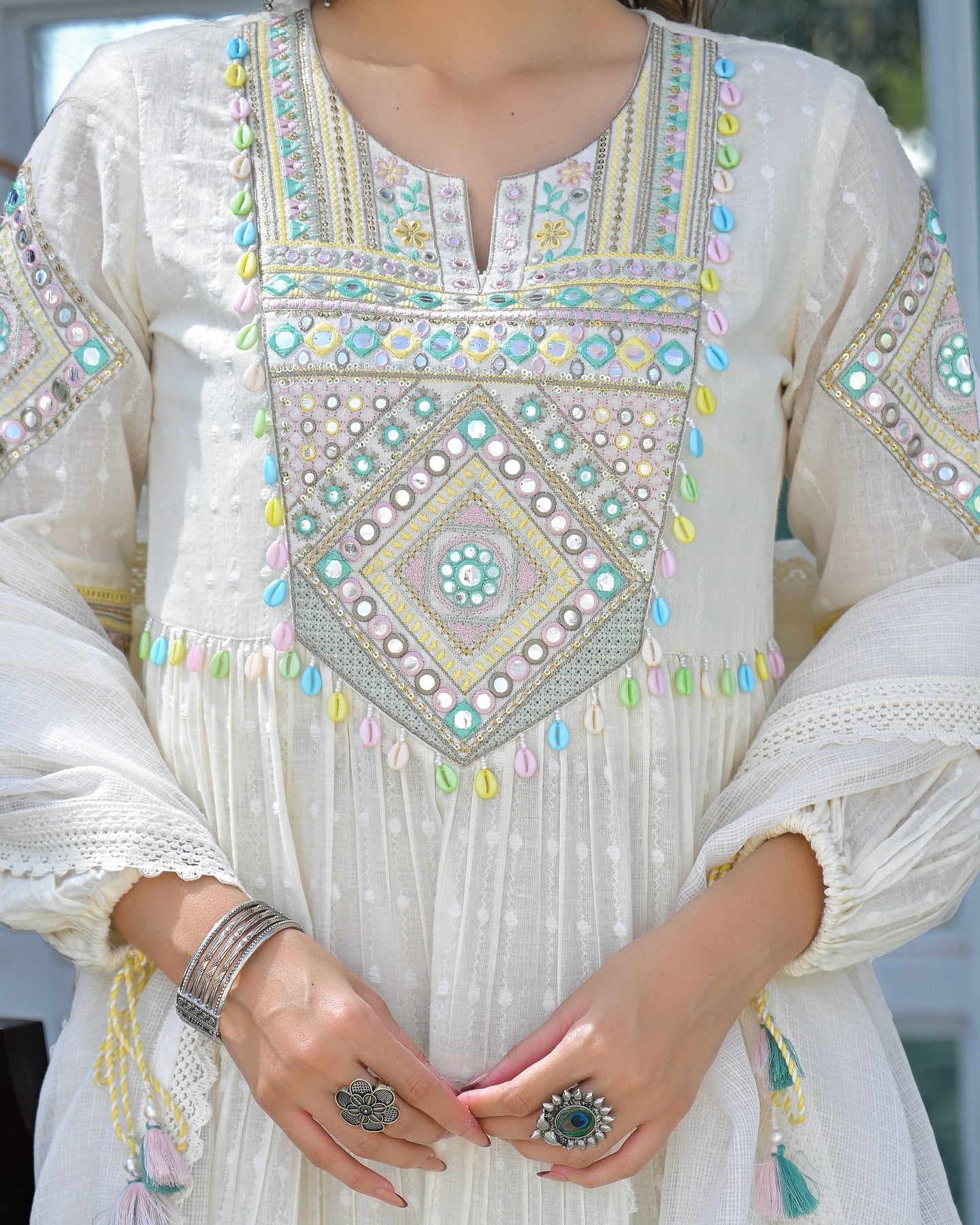 White Mul Cotton Handwork Anarkali Suit