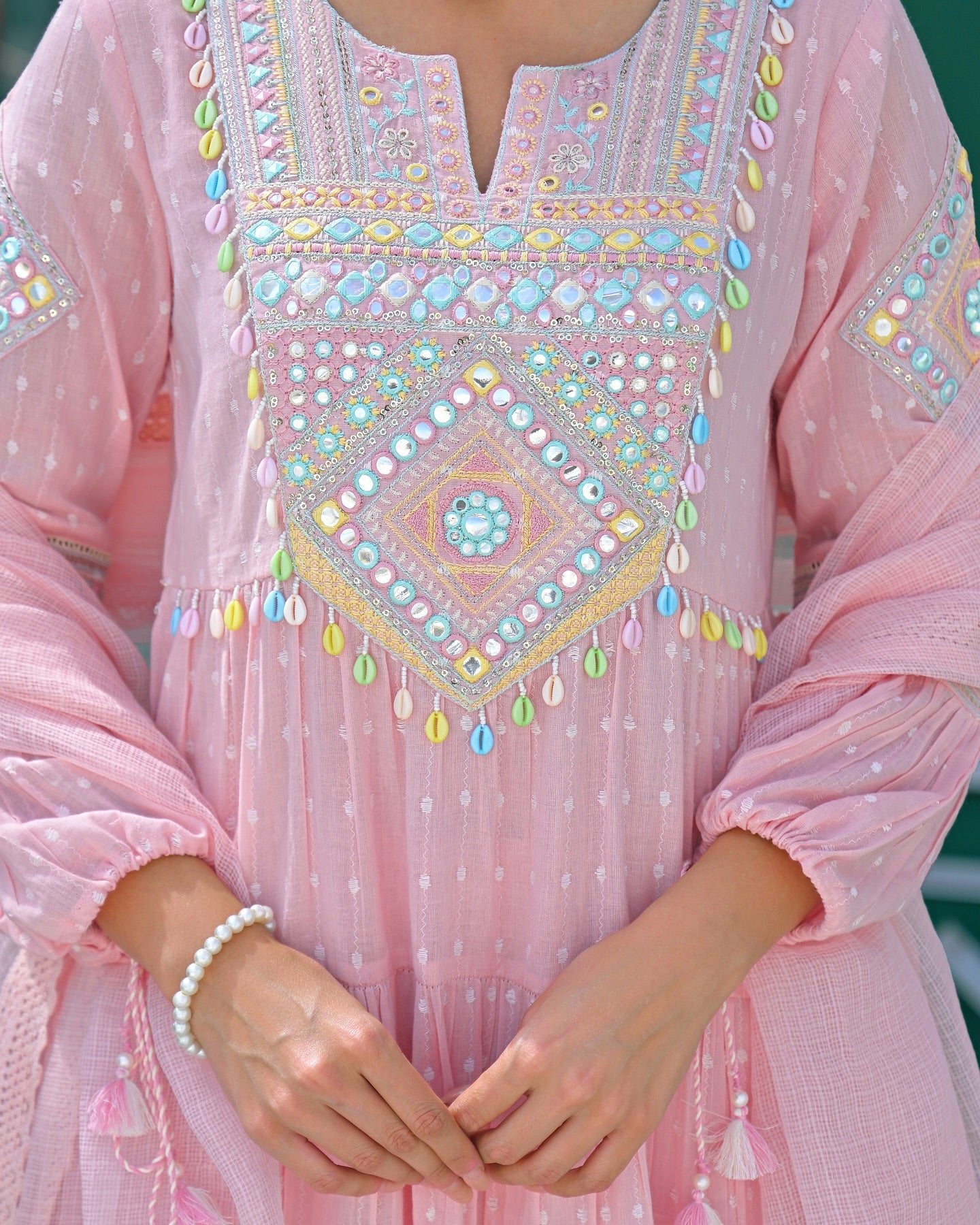 Pink Mul Cotton Handwork Anarkali Suit