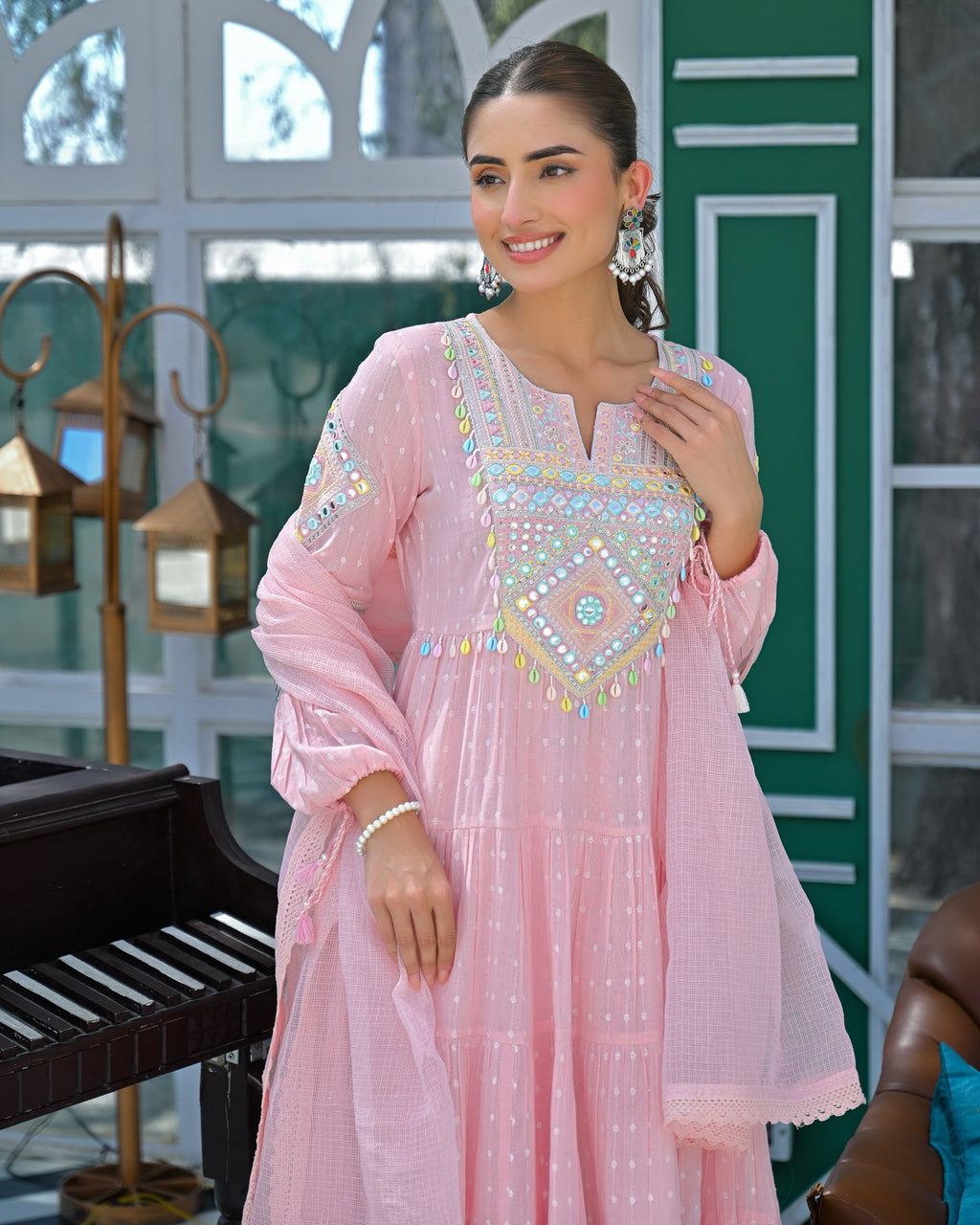 Pink Mul Cotton Handwork Anarkali Suit
