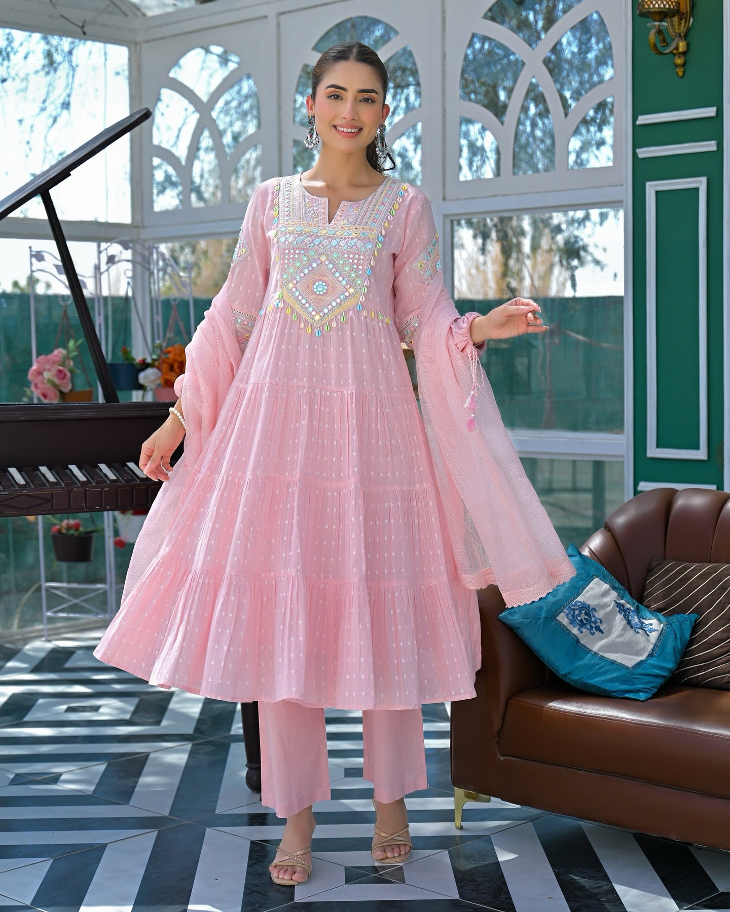 Pink Mul Cotton Handwork Anarkali Suit