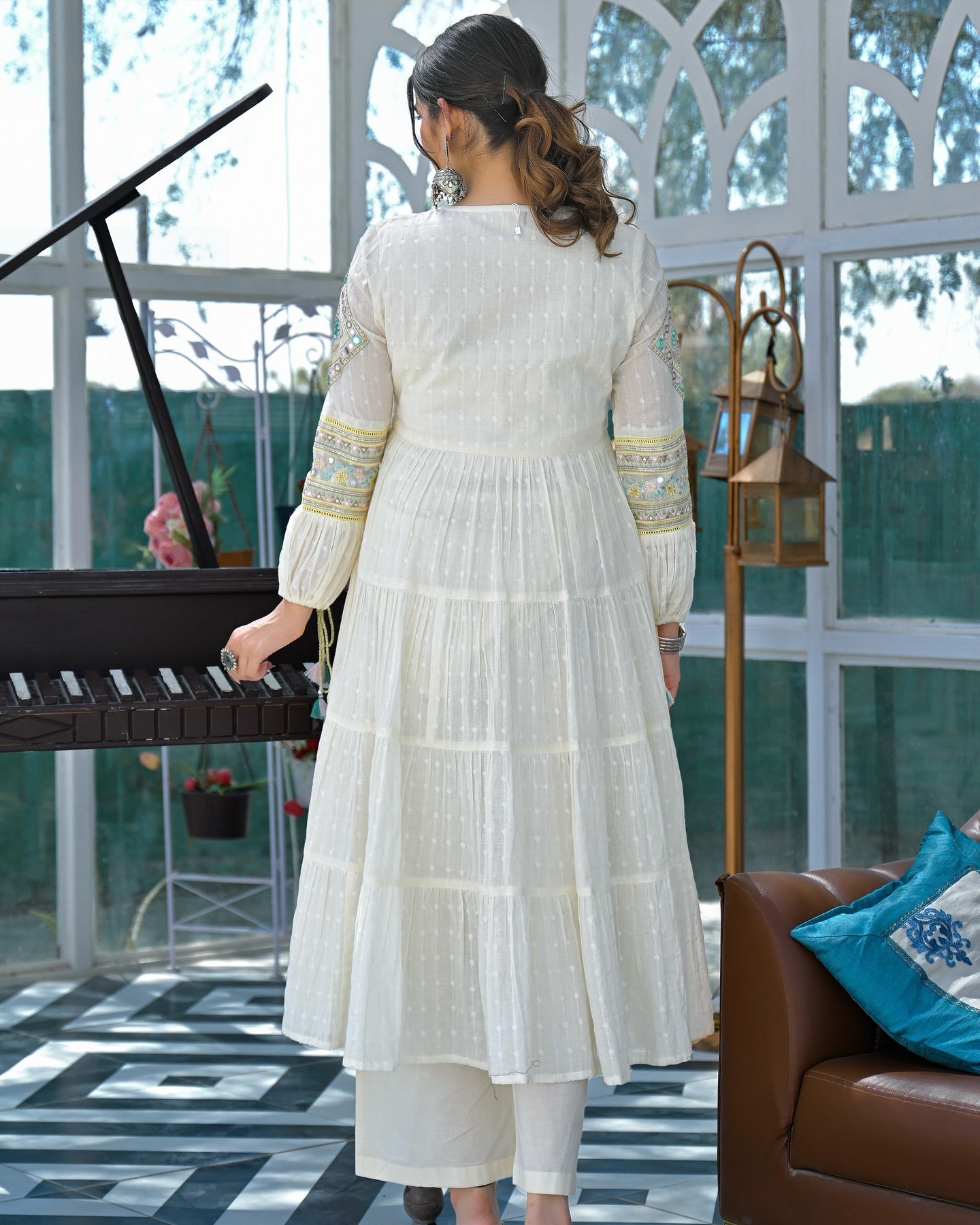 White Mul Cotton Handwork Anarkali Suit