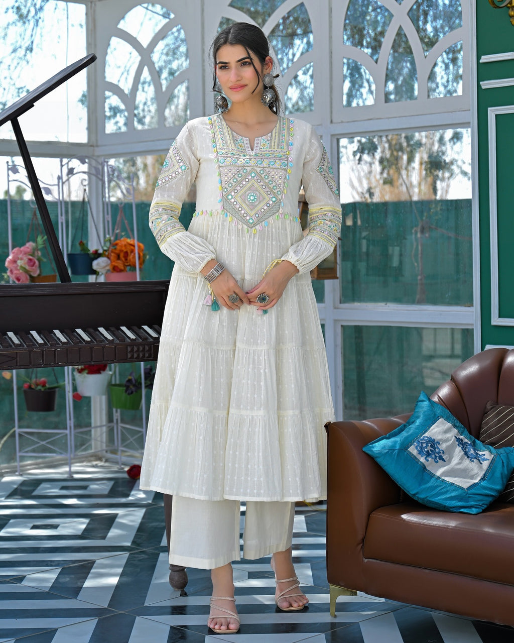 White Mul Cotton Handwork Anarkali Suit