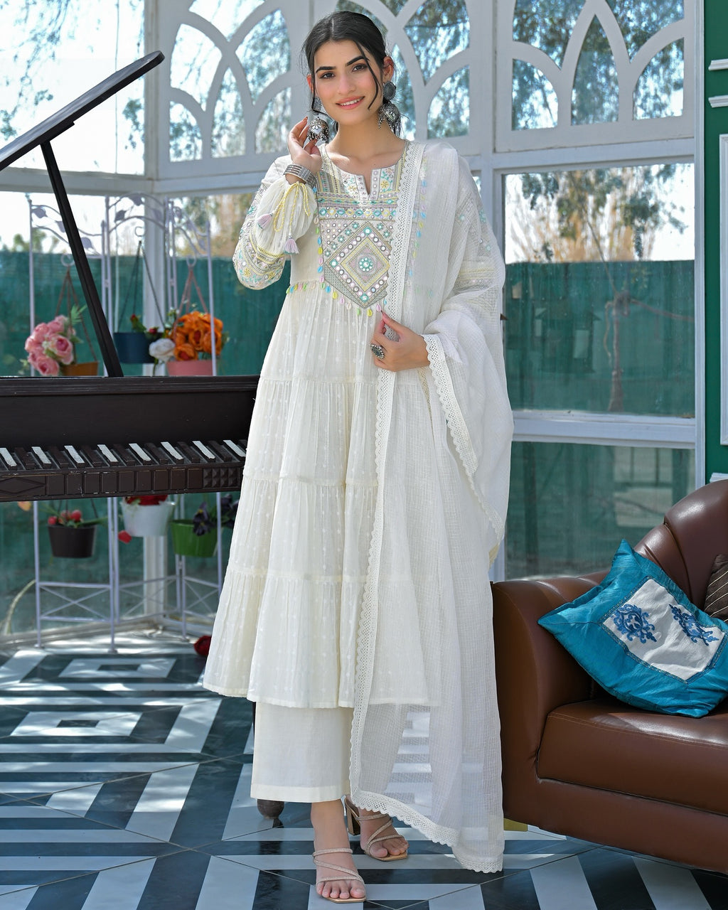 White Mul Cotton Handwork Anarkali Suit