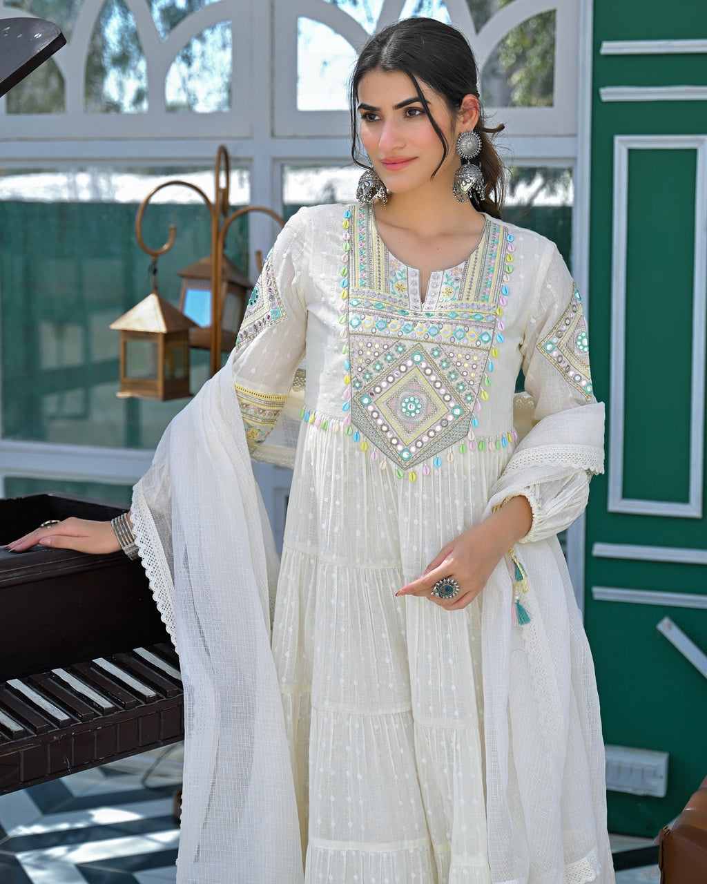 White Mul Cotton Handwork Anarkali Suit