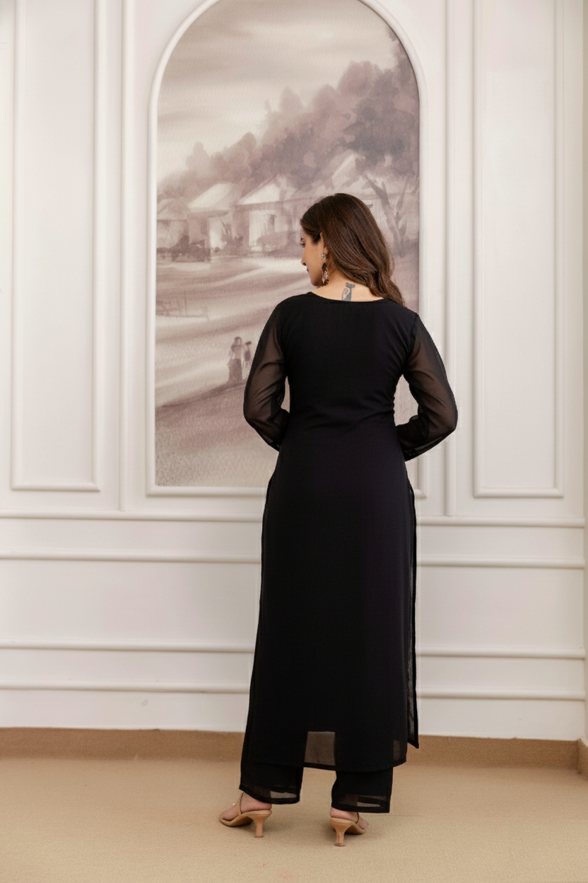 FANCY GEORGETTE EMBROIDERY WORK TOP BOTTOM WITH DUPATTA BLACK AND RED