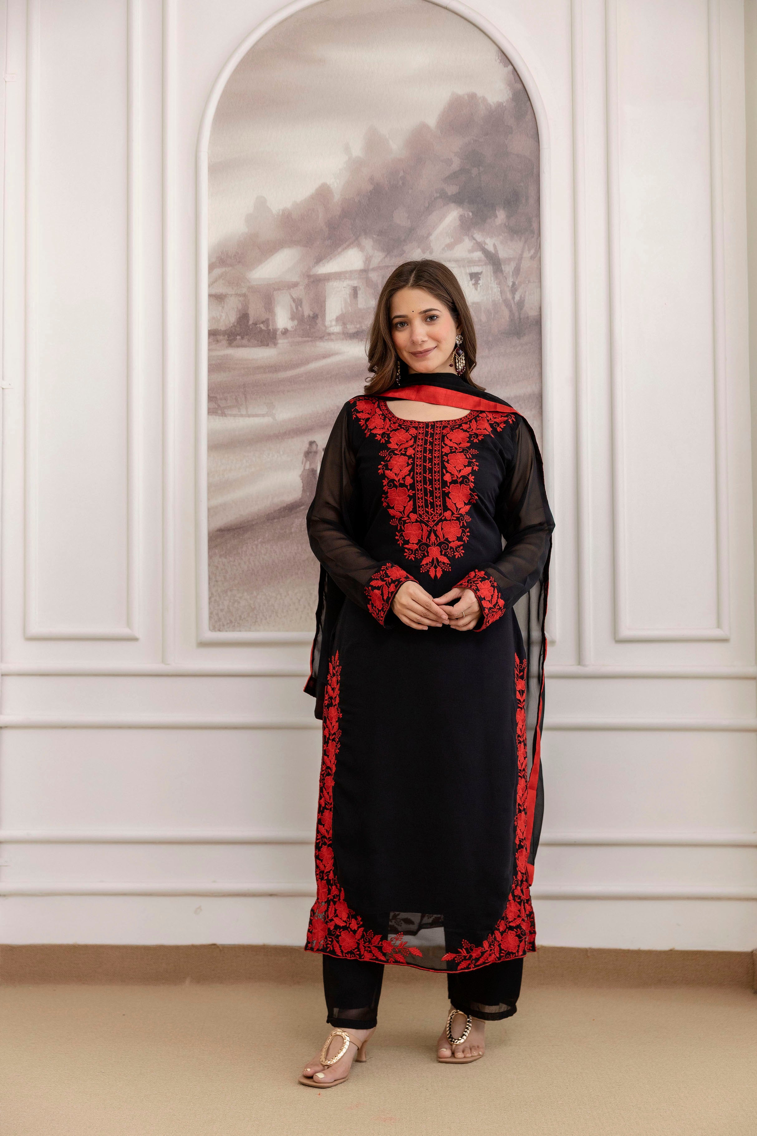 FANCY GEORGETTE EMBROIDERY WORK TOP BOTTOM WITH DUPATTA BLACK AND RED