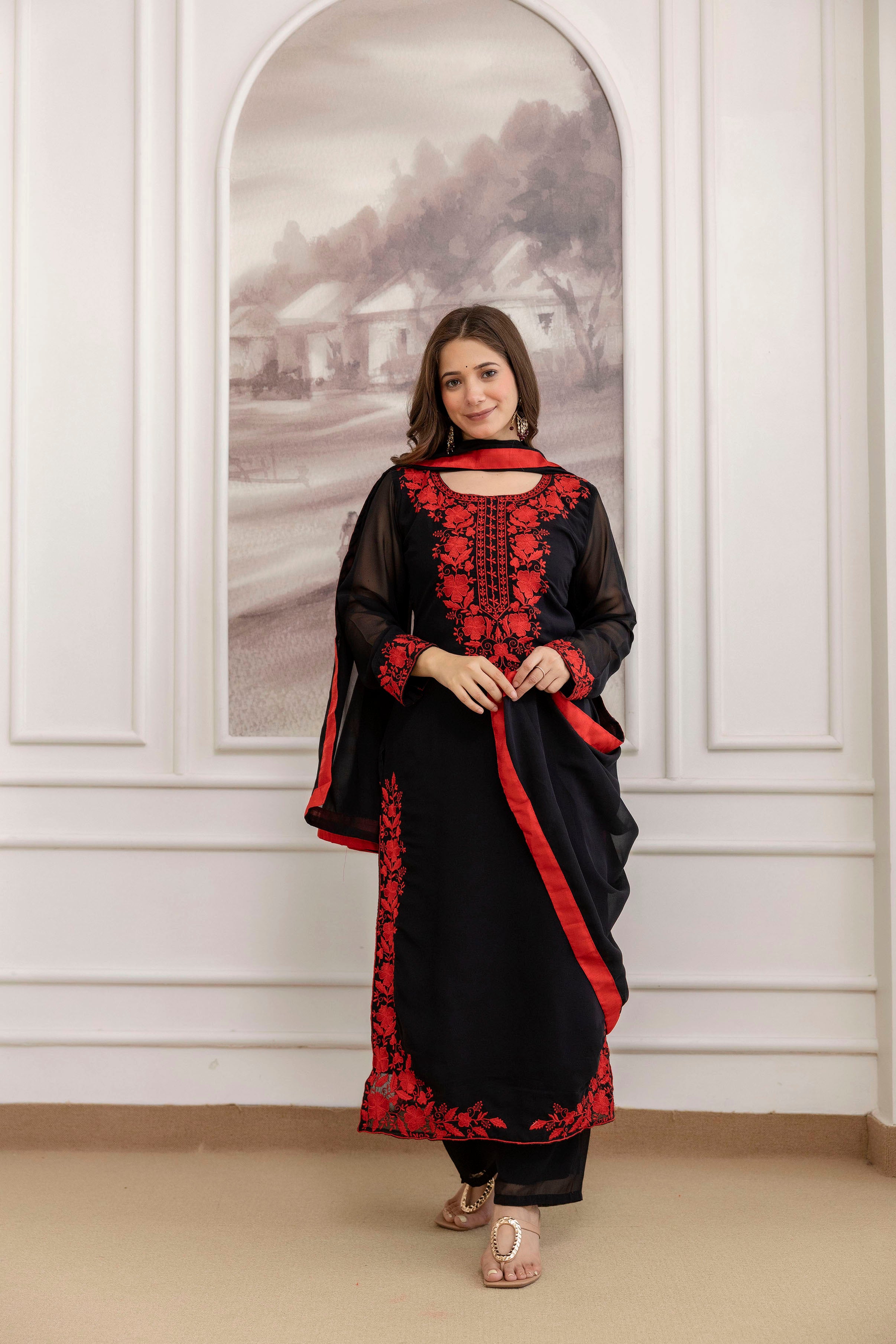 FANCY GEORGETTE EMBROIDERY WORK TOP BOTTOM WITH DUPATTA BLACK AND RED
