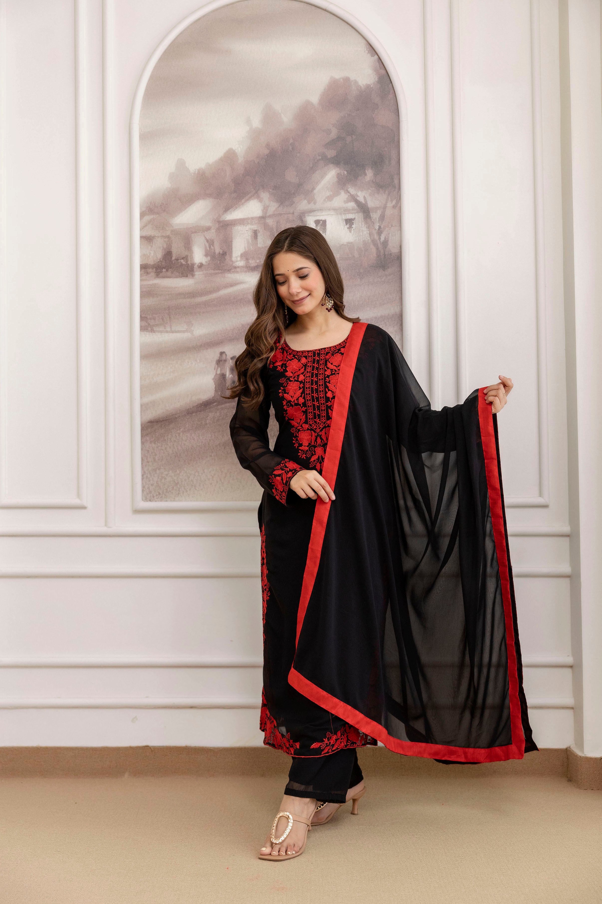 FANCY GEORGETTE EMBROIDERY WORK TOP BOTTOM WITH DUPATTA BLACK AND RED