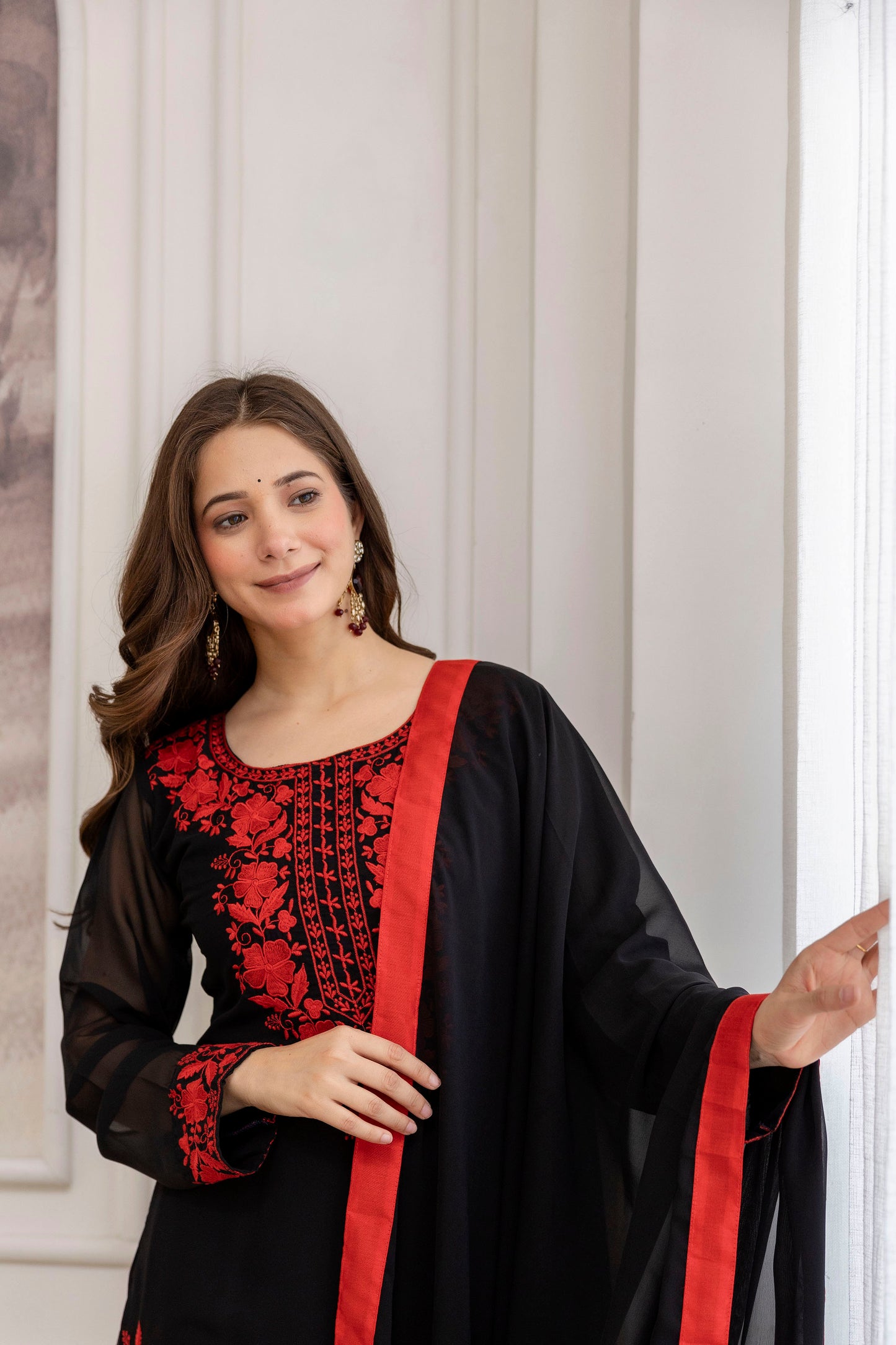 FANCY GEORGETTE EMBROIDERY WORK TOP BOTTOM WITH DUPATTA BLACK AND RED