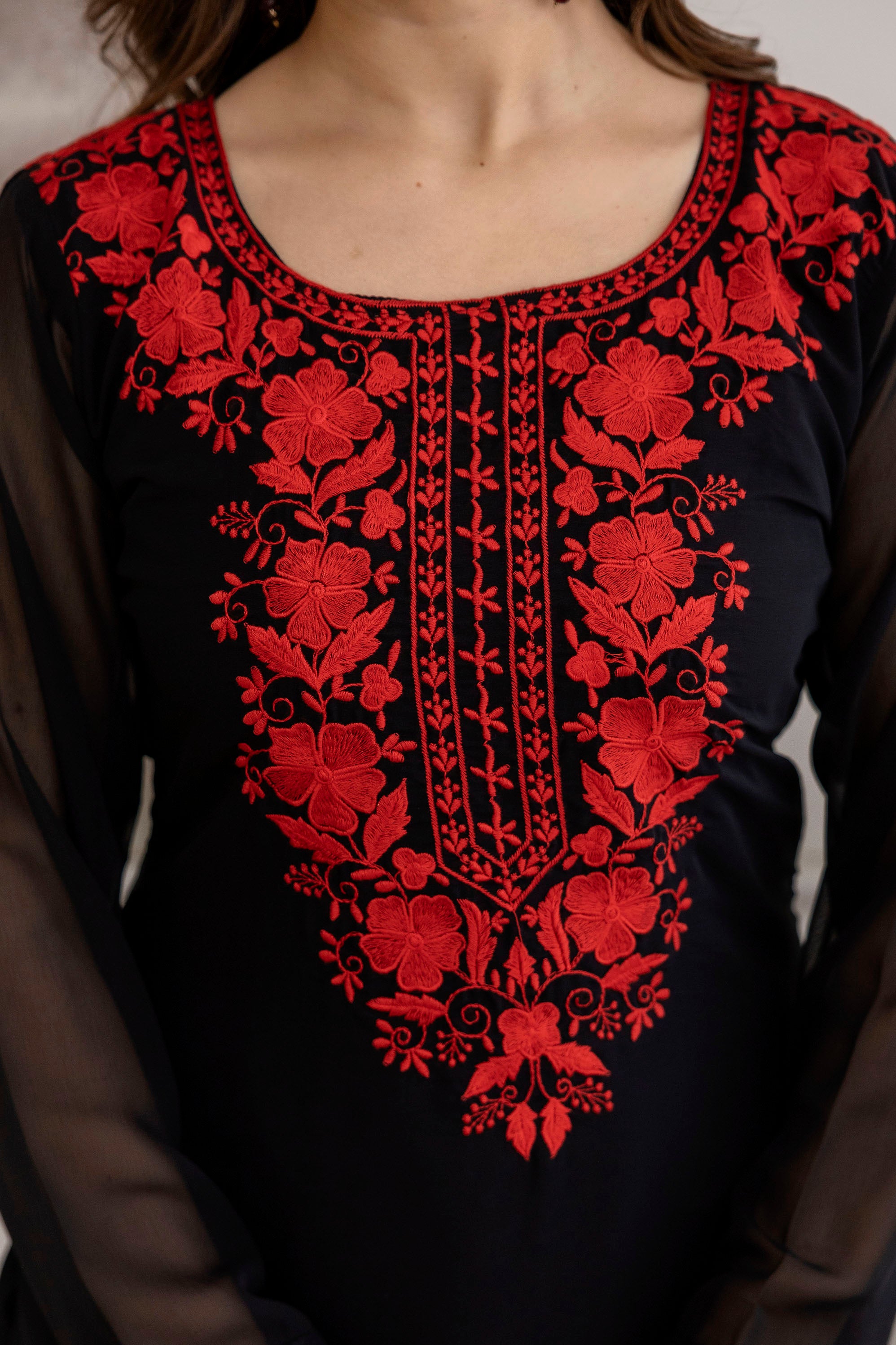 FANCY GEORGETTE EMBROIDERY WORK TOP BOTTOM WITH DUPATTA BLACK AND RED