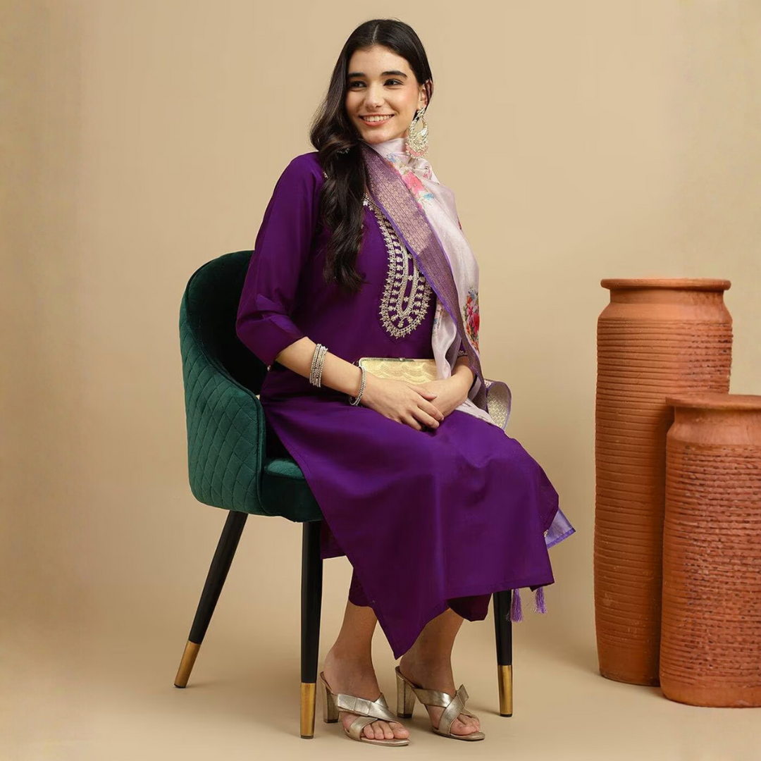 Purple Embroidered Rayon Slub Straight Kurta Pant Dupatta Set