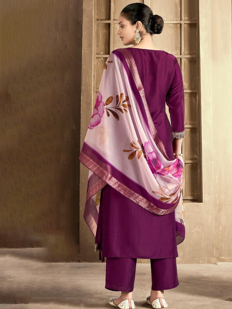 Women's Purple Color Rayon Slub Embroidered Kurta Pant With Dupatta
