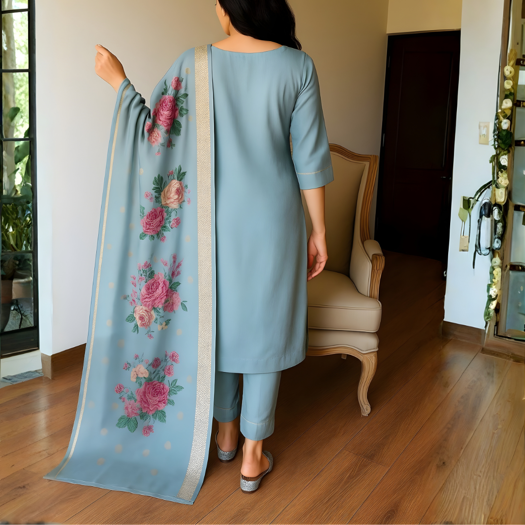 Magic Cotton Kurta Set with Detailed Embroidery and Digital Floral Chanderi Dupatta