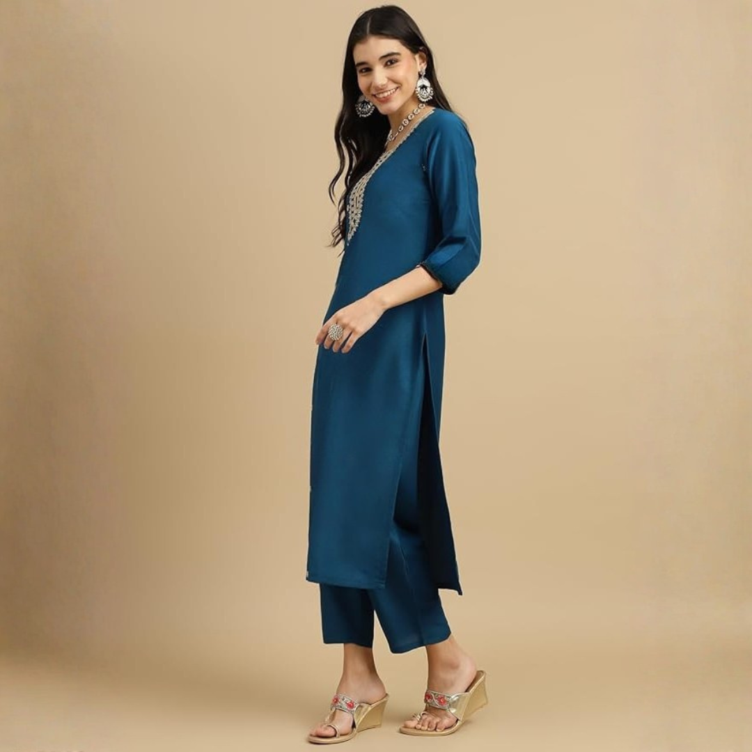 Blue Embroidered Rayon Slub Straight Kurta Pant Dupatta Set