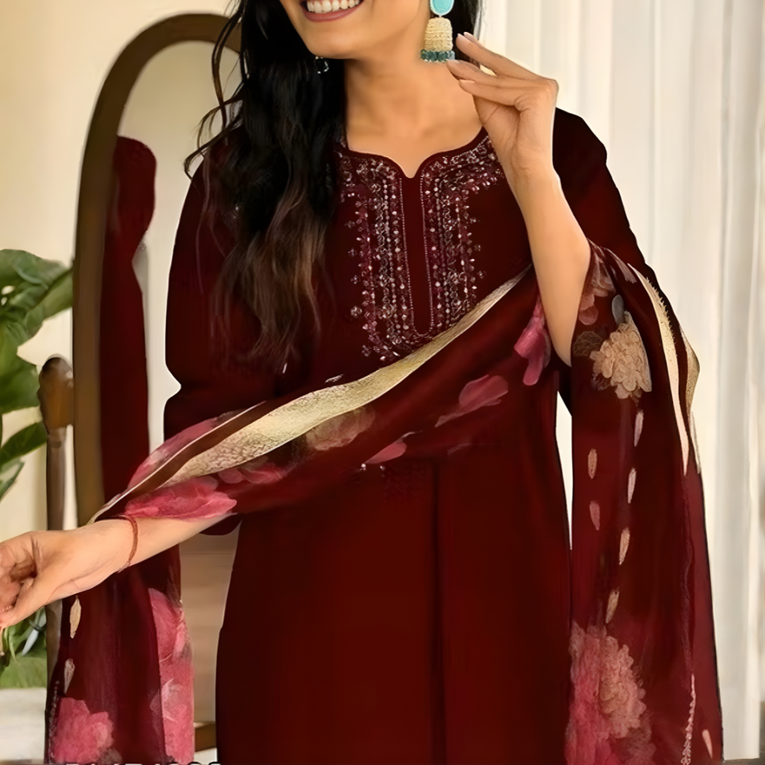 Women Maroon Color Floral Embroidered Regular Thread Work Kurta with Trousers & With Dupatta