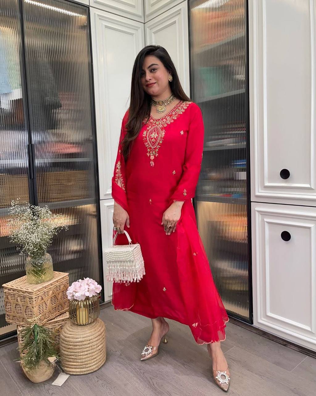 Indian Ethnic Kurta Set for Women | Red Embroidered Kurti with Pant & Organza Dupatta