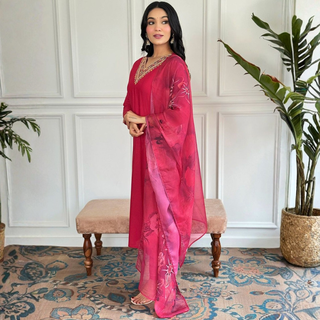 Women's red rayon embroidered straight kurta with rayon pant and silk printed dupatta sets