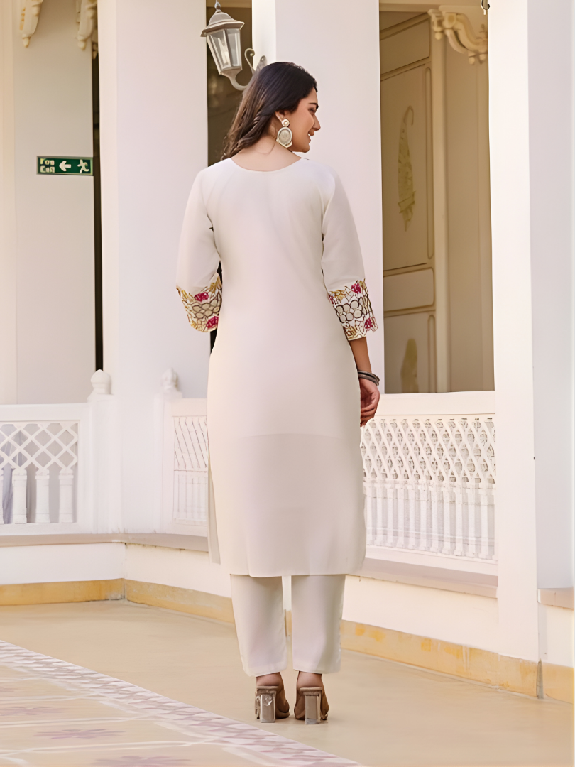 Cream Stylish V-Neck Straight Cut Embroidered Kurta Set with Dupatta