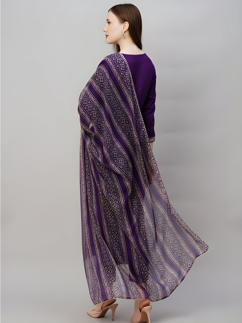 Purple Reyon Slub Regular Fit Kurta, Pant and Dupatta Set