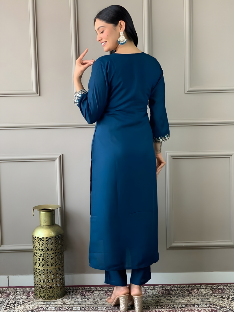 Blue Rayon Slub Kurti Pant Jacquard Border with Dupatta