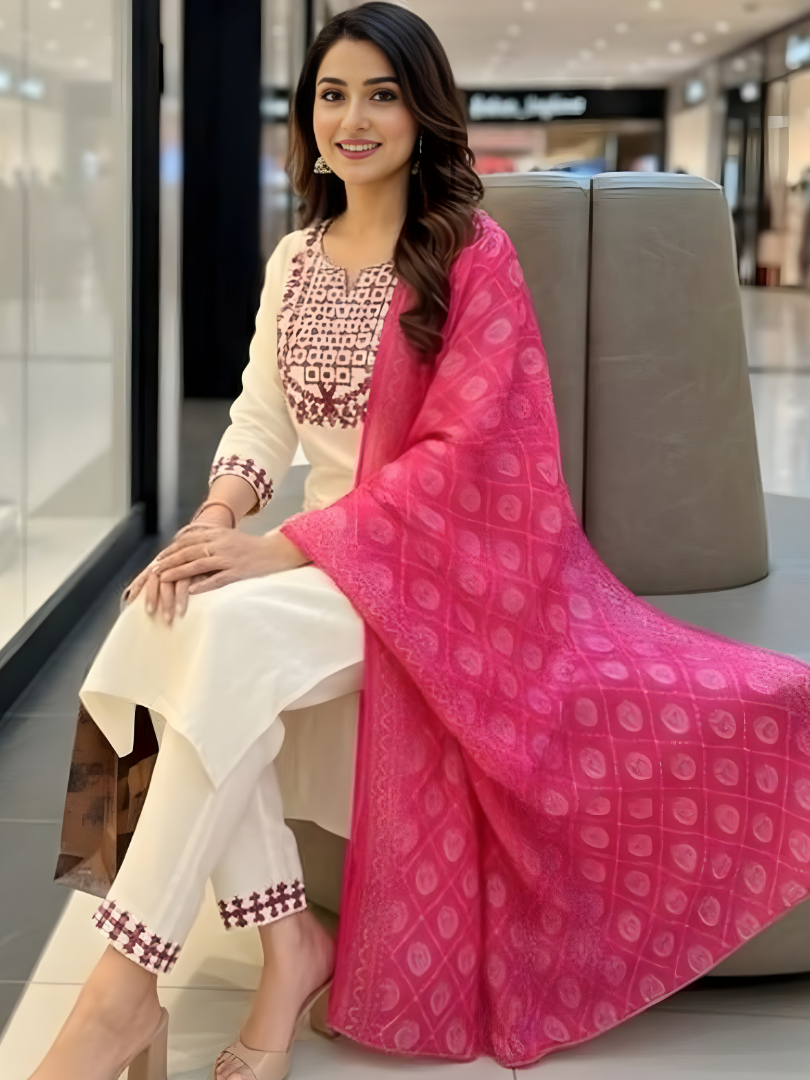 Off- White Rayon Slub Embroidered Straight Kurta Set with Dupatta