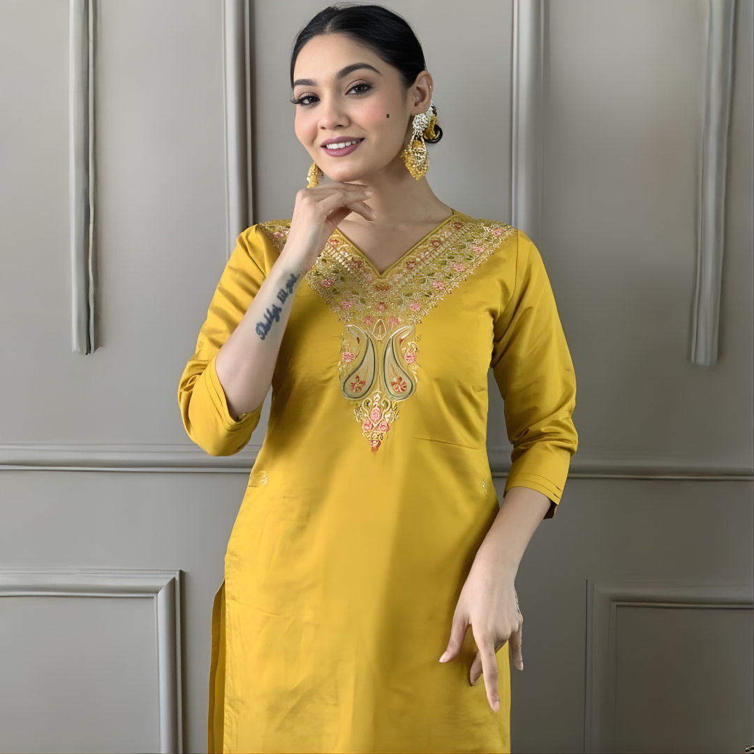 Yellow Color Women Embroidered Straight Kurta with Pant and Printed Dupatta