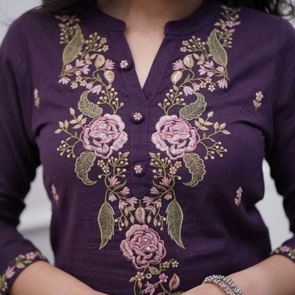 Purple Viscose With Embroidery Kurta Set