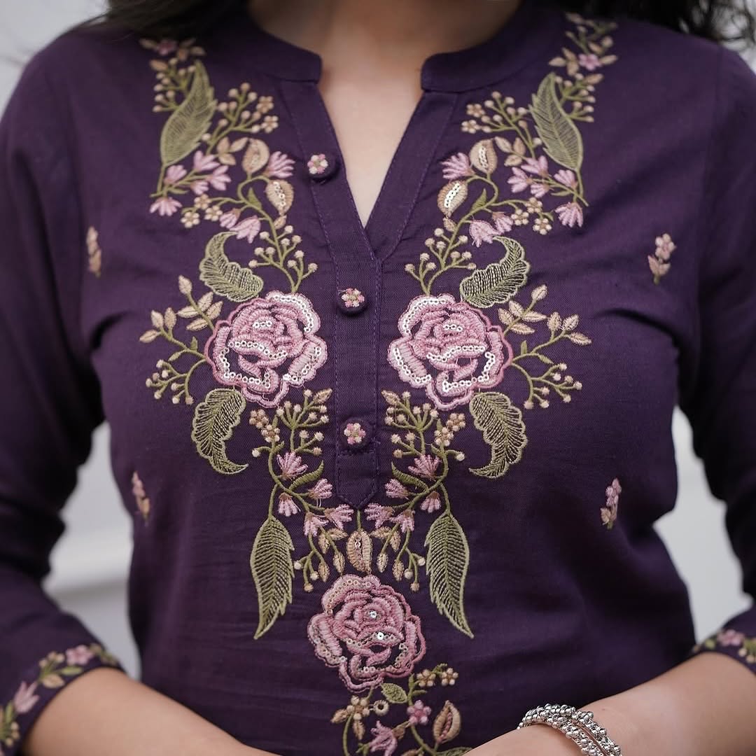Purple Viscose With Embroidery Kurta Set