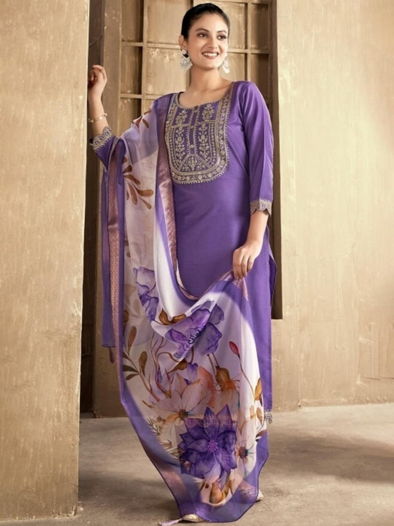 Purple Rayon Slub Kurti Pant with Chanderi Dupatta