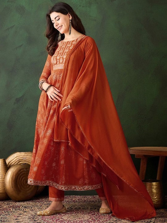 Orange Georgette Women's Kurta, Pant with Dupatta Set