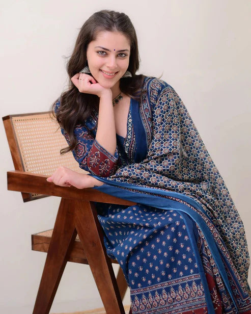 Blue Colour Ethnic Set Women Printed Anarkali Kurta and Pant with Dupatta