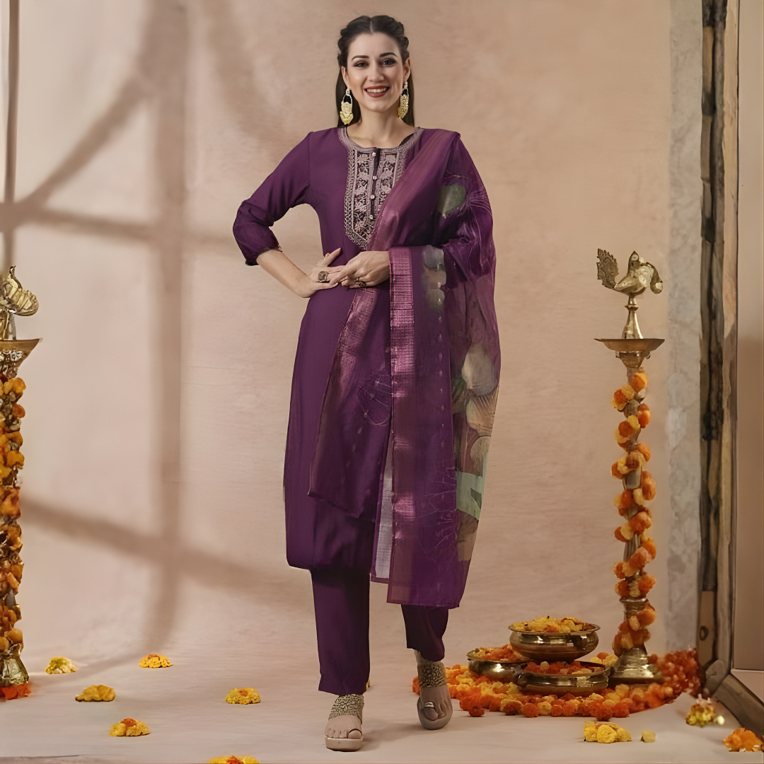 Wine Purple Magic Cotton Embroidered Kurta Set with Chanderi Dupatta