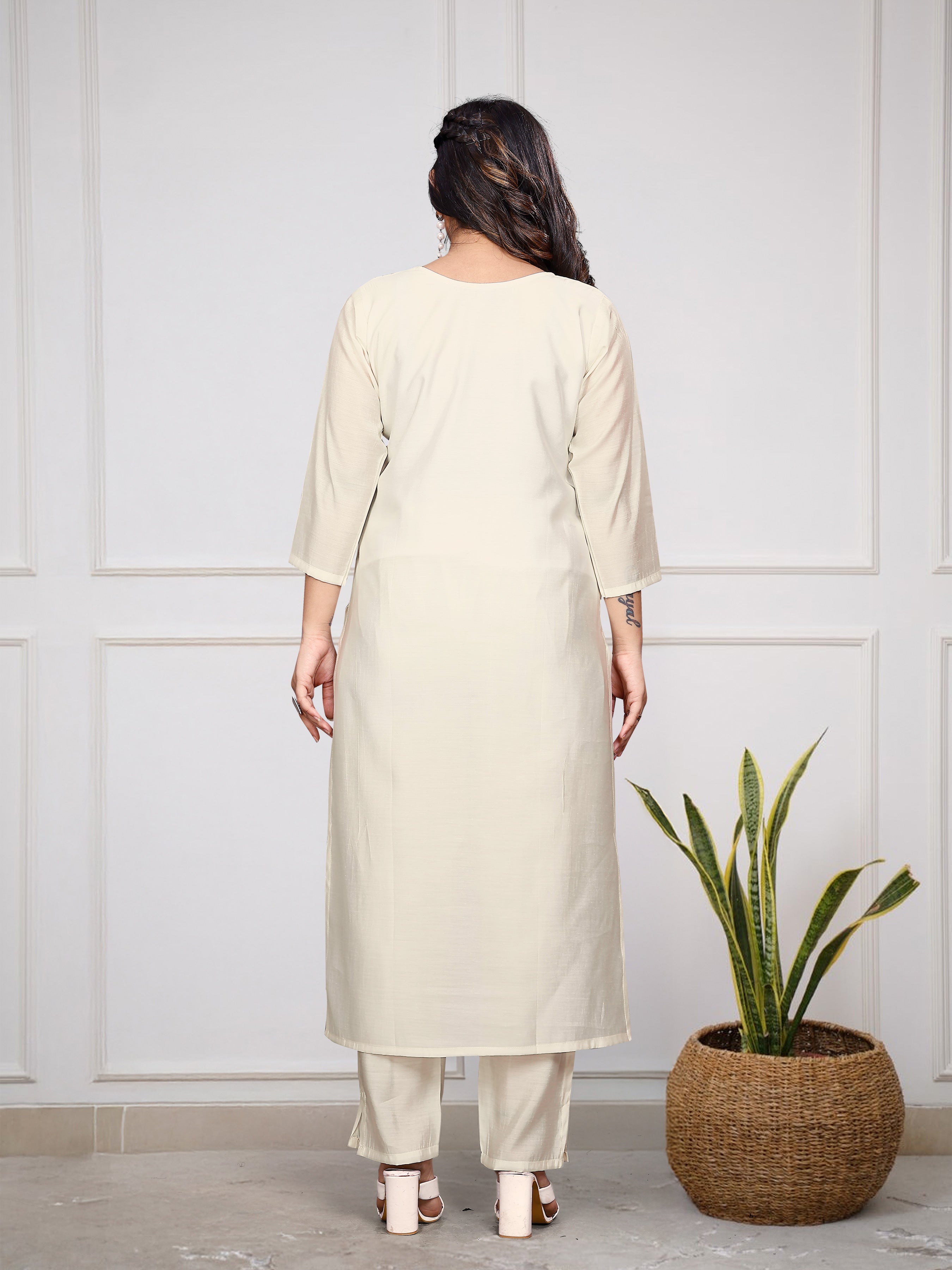 Off White Embroidered Viscose Kurta Set