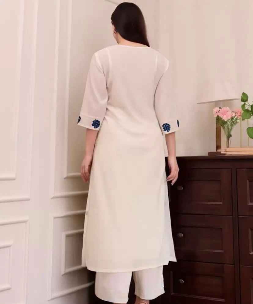 White Viscose With Embroidery Kurta Set