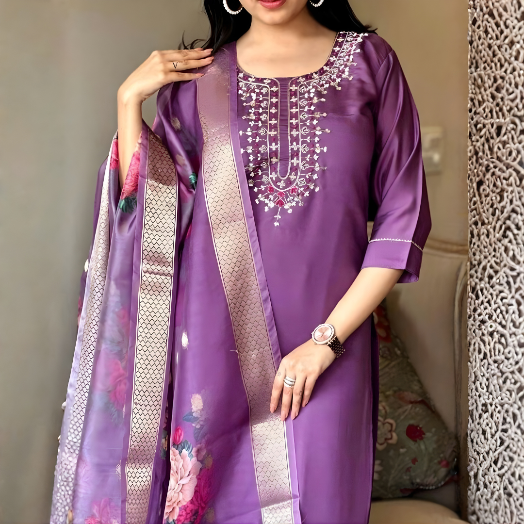 Women's Purple Color Rayon Slub Long Kurti with Pants & Dupatta | Three-Quarter Sleeve Trending Ethnic Set