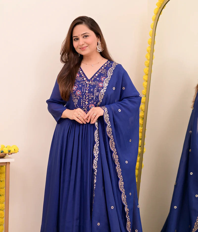 Persian Blue Noor Handwork Mul Chanderi A Line Suit